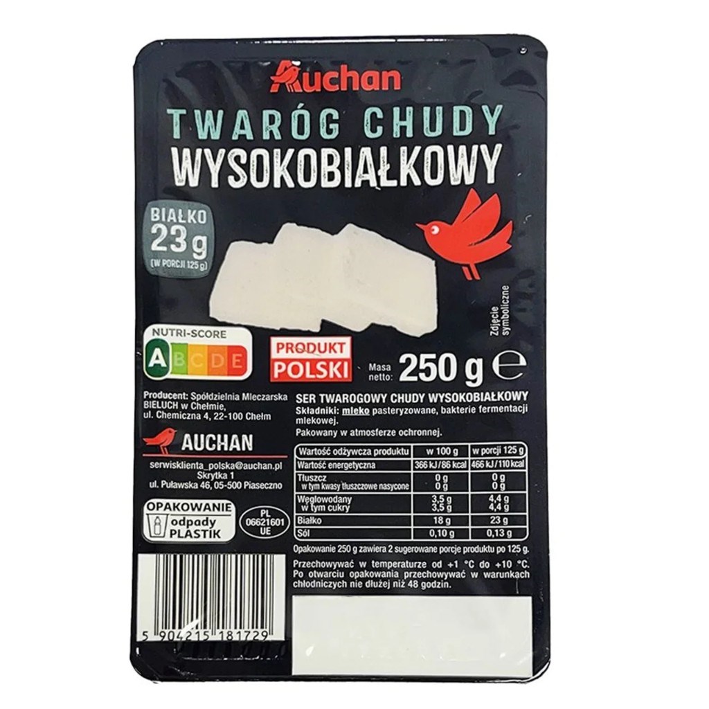 Twaróg chudy wysokobiałkowy Auchan 250 g — 18 g białka na 100 g